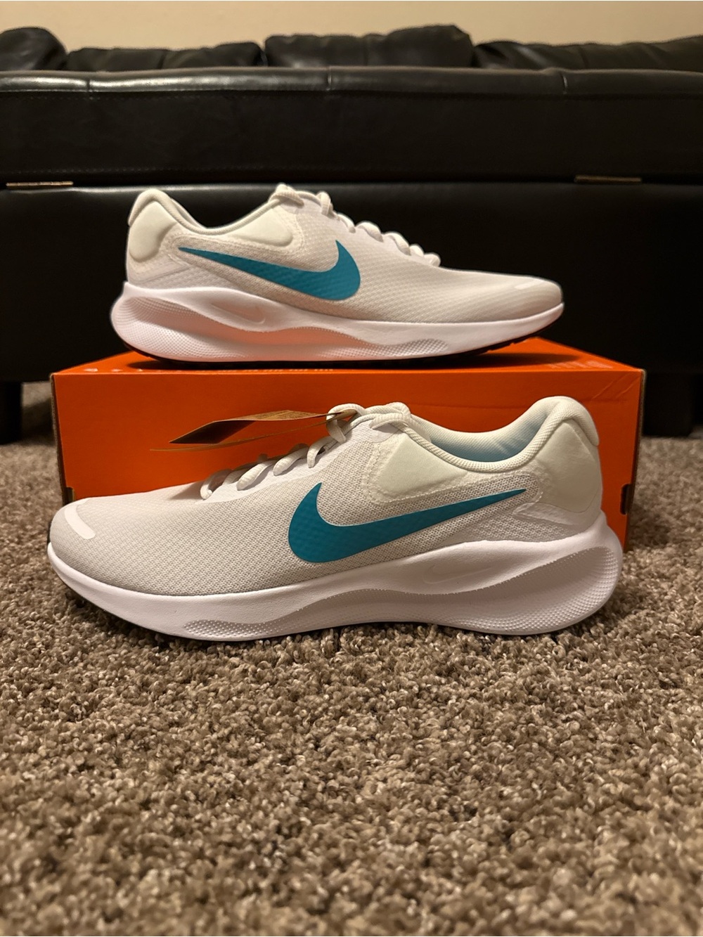 Nike Men’s Revolution 7 White Running Shoes with Teal Swoosh